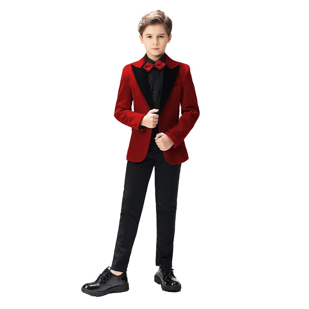 Sxfashbrd Boys Velvet Blazer Tuxedos 2 Pieces Suit Slim Fit Jacket Coats Formal Party Outerwear Costume Dark Red