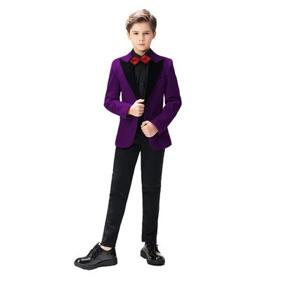 Sxfashbrd Boys Velvet Blazer Tuxedos 2 Pieces Suit Slim Fit Jacket Coats Formal Party Outerwear Costume Purple