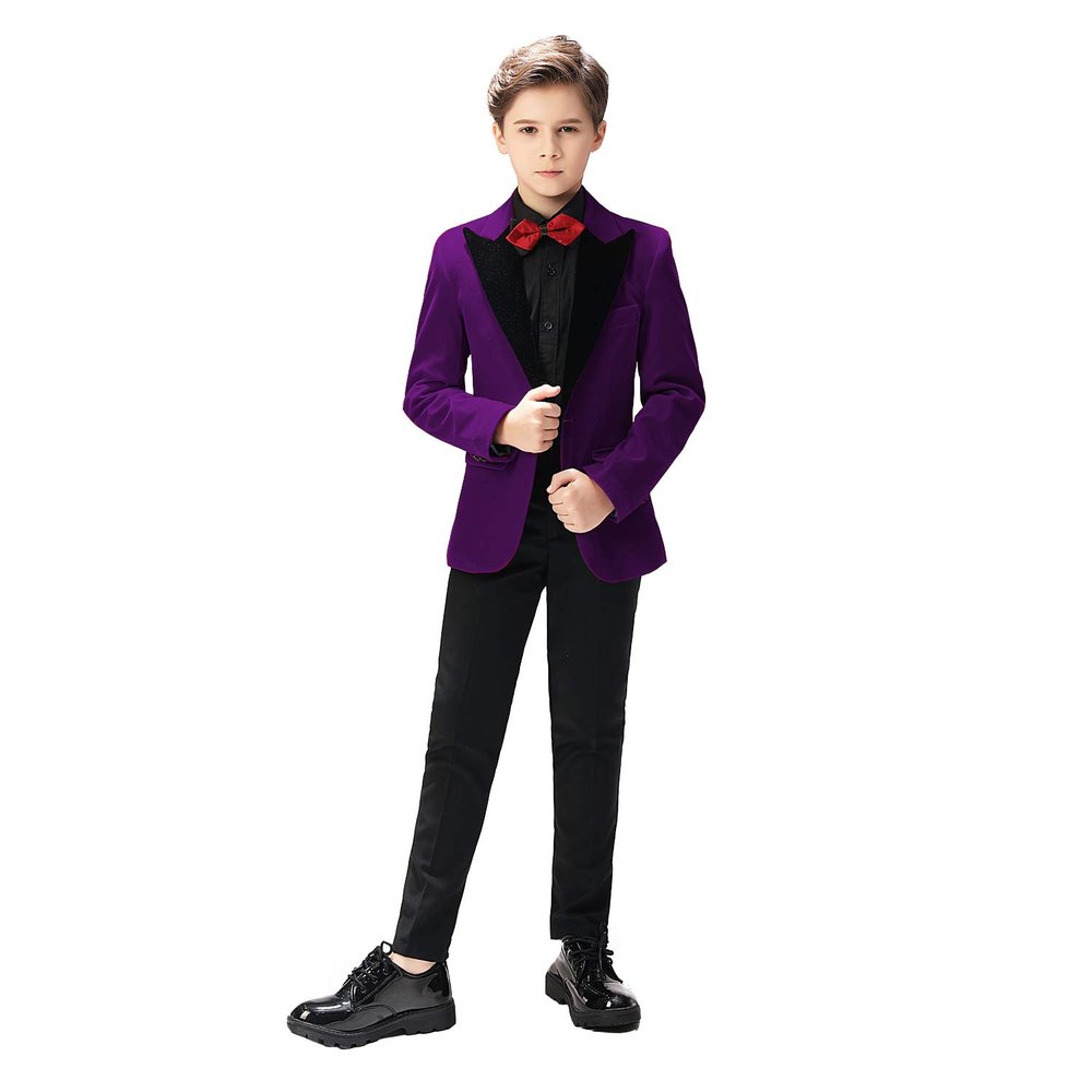 Sxfashbrd Boys Velvet Blazer Tuxedos 2 Pieces Suit Slim Fit Jacket Coats Formal Party Outerwear Costume Purple