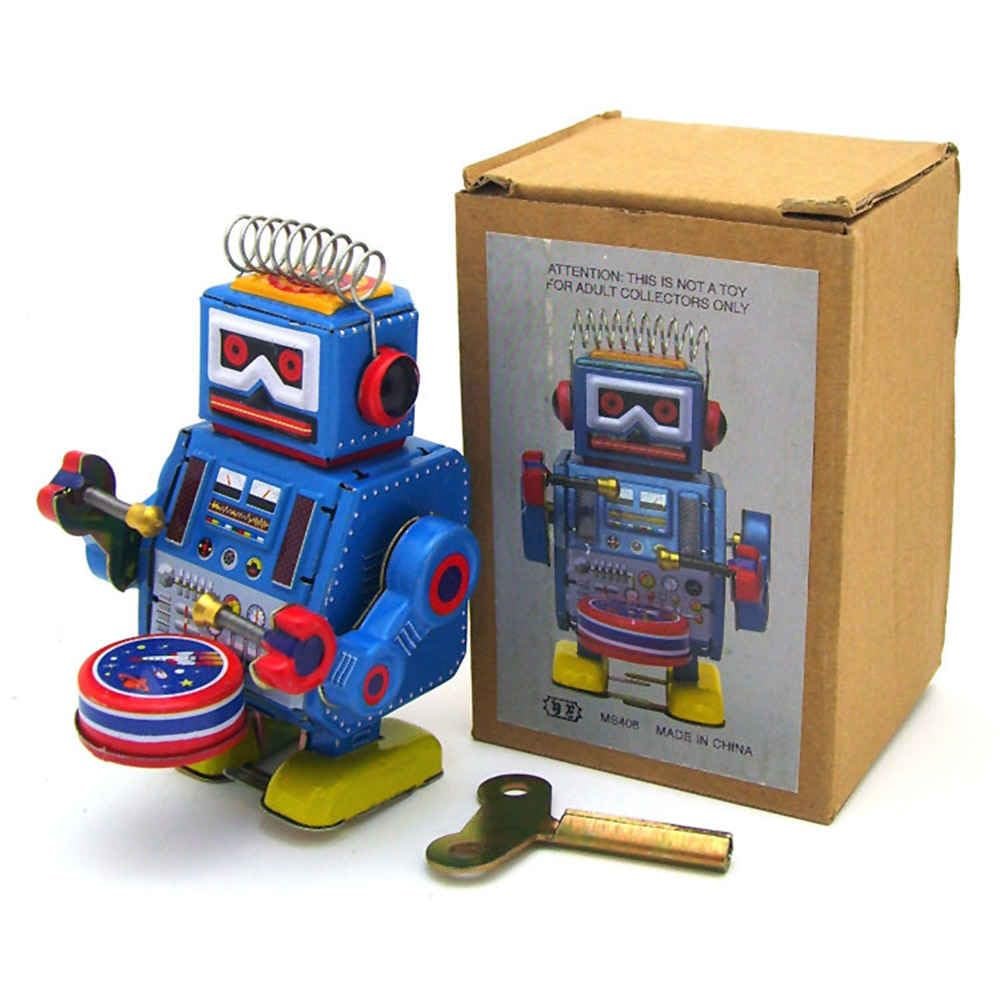 Charmgle Wind-up Robot Toy Clockwork Walking Alien Drummer Toys Handmade Novelty Birthday Gifts Home Decoration Blue