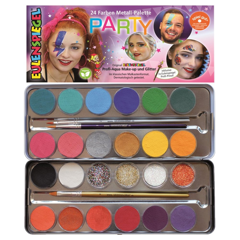 Eulenspiegel 10135871 Party 20 Colors & 4 Glitter Vanity Palette Vegan Colours & Brush, Colourful, 24 Farben