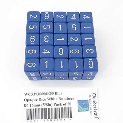 Blue Opaque Dice with White Numbers D6 Aprox 16mm (5/8in) Pack of 50 Wondertrail