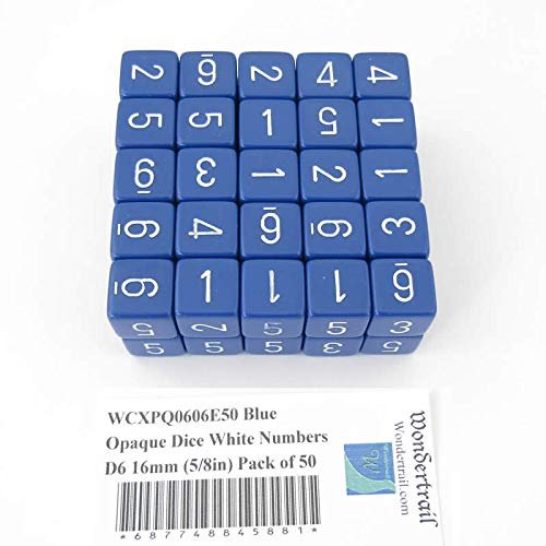 Blue Opaque Dice with White Numbers D6 Aprox 16mm (5/8in) Pack of 50 Wondertrail