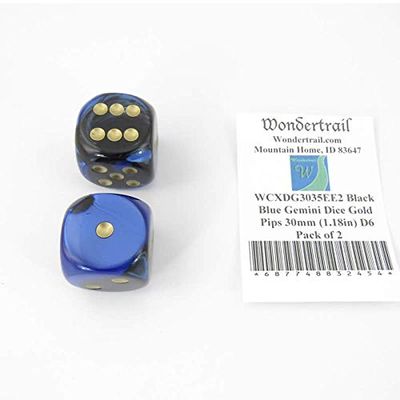 Black and Blue Gemini Dice with Gold Pips 30mm (1.18in) D6 Pack of 2 Wondertrail