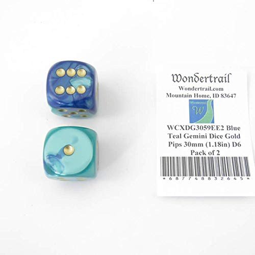 Blue and Teal Gemini Dice with Gold Pips 30mm (1.18in) D6 Pack of 2 Wondertrail