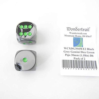 Black and Grey Gemini Dice with Green Pips 30mm (1.18in) D6 Pack of 2 Wondertrail