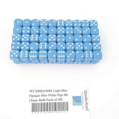 Light Blue Opaque Dice with White Pips D6 12mm (1/2in) Bulk Pack of 100 Wondertrail