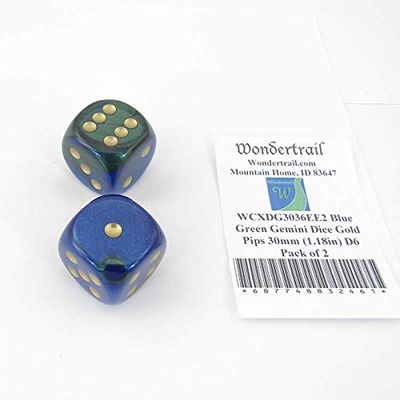 Blue and Green Gemini Dice with Gold Pips 30mm (1.18in) D6 Pack of 2 Wondertrail