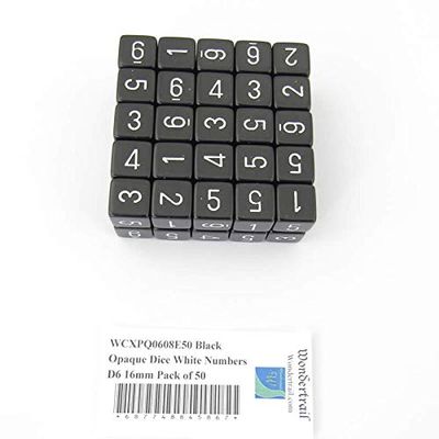 Black Opaque Dice with White Numbers D6 Aprox 16mm (5/8in) Pack of 50 Wondertrail