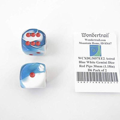 Astral Blue and White Gemini Dice with Red Pips 30mm (1.18in) D6 Pack of 2 Wondertrail