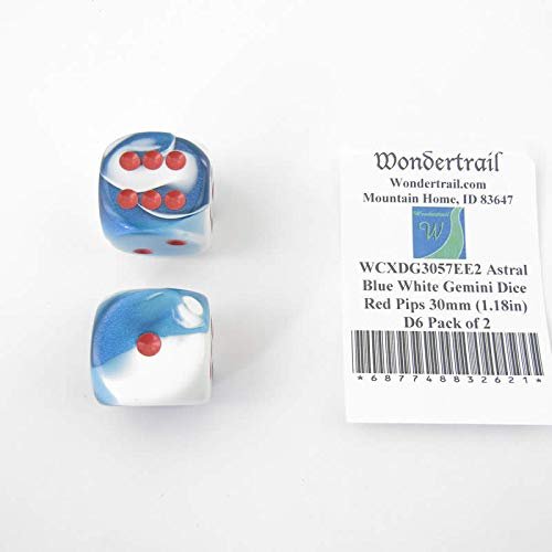 Astral Blue and White Gemini Dice with Red Pips 30mm (1.18in) D6 Pack of 2 Wondertrail