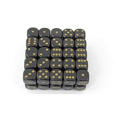 Black Opaque Dice with Gold Pips D6 16mm (5/8in) Pack of 50 Wondertrail