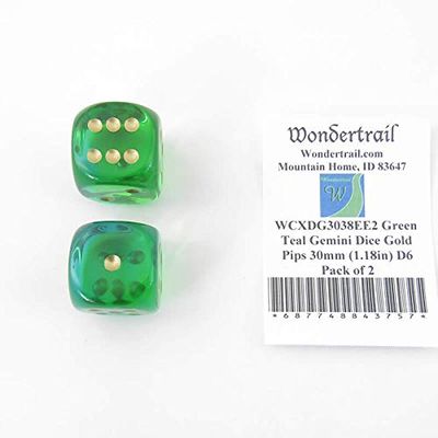 Green and Teal Gemini Dice with Gold Pips 30mm (1.18in) D6 Pack of 2 Wondertrail