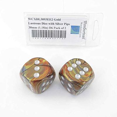 Gold Lustrous Dice with Silver Pips 30mm (1.18in) D6 Pack of 2 Wondertrail