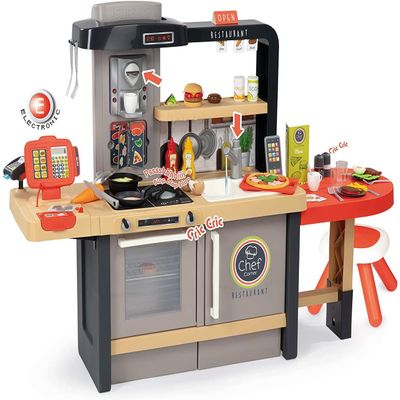 Smoby 2 in 1 Chef Corner Restaurant, Kids Role Play Pretend Kitchen and Restaurant with Lights, Sounds and 70 Accessories