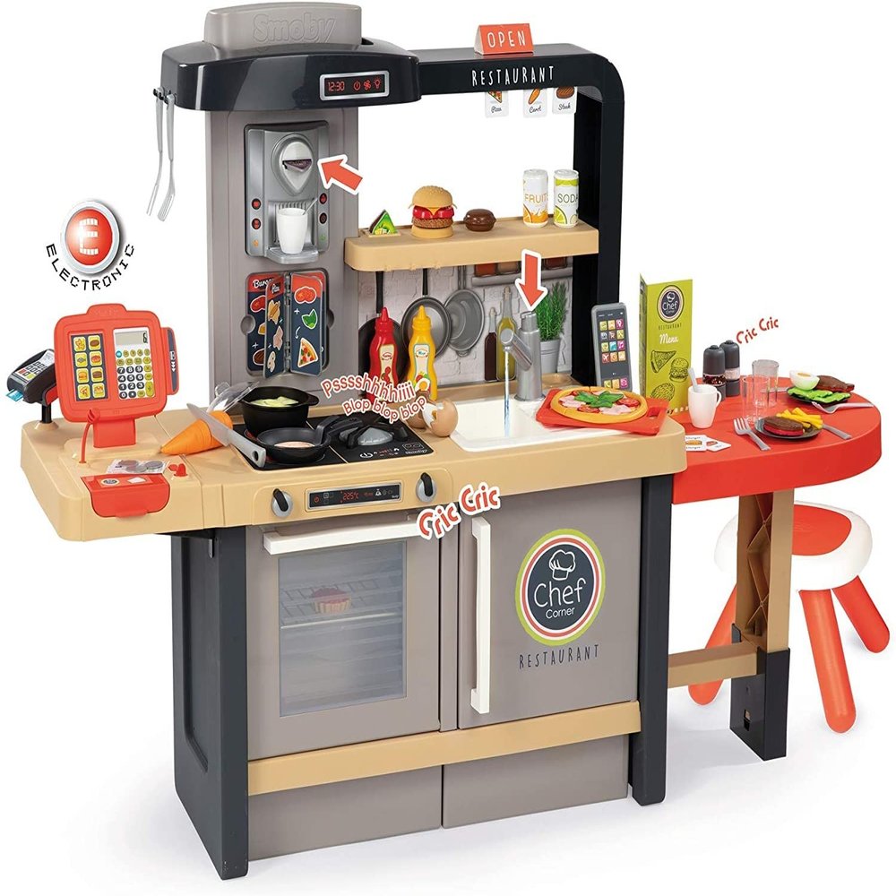 Smoby 2 in 1 Chef Corner Restaurant, Kids Role Play Pretend Kitchen and Restaurant with Lights, Sounds and 70 Accessories