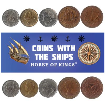 5 Different Coins with Ships: GALLEONS, Trireme, CARAVELS, Frigate, COGS, CARRACKS