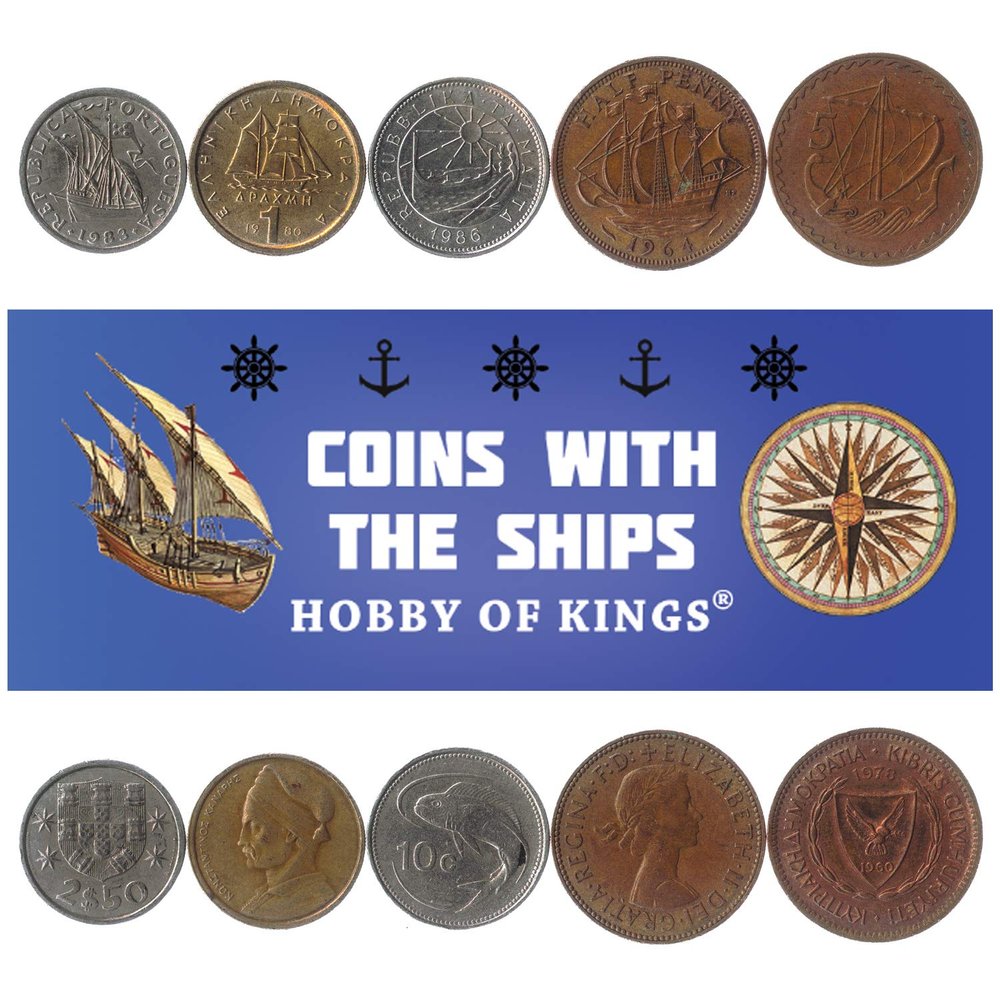 5 Different Coins with Ships: GALLEONS, Trireme, CARAVELS, Frigate, COGS, CARRACKS