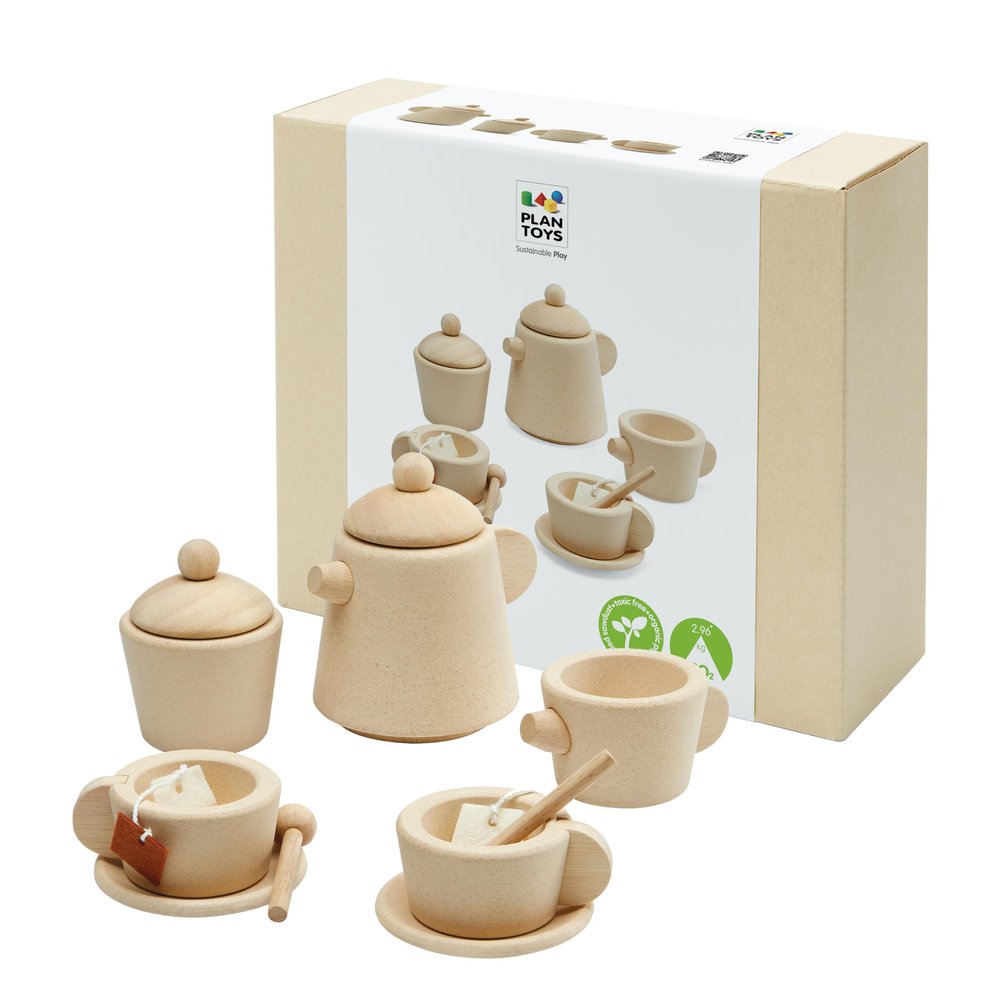 PlanToys Play Kitchen Tea Set Pretend Play Toys - Non-Toxic Wooden Tea Set for Kids and Toddlers