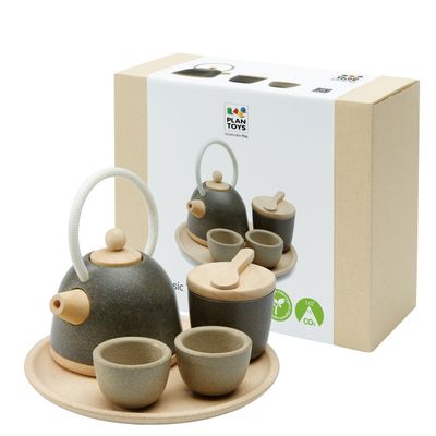 PlanToys Wooden Classic Tea Set for Montessori Inspired Pretend Play | Social Interaction, Communication and Imaginative Role Play | Eco Friendly Wooden Tea Time Set for Creative Learning