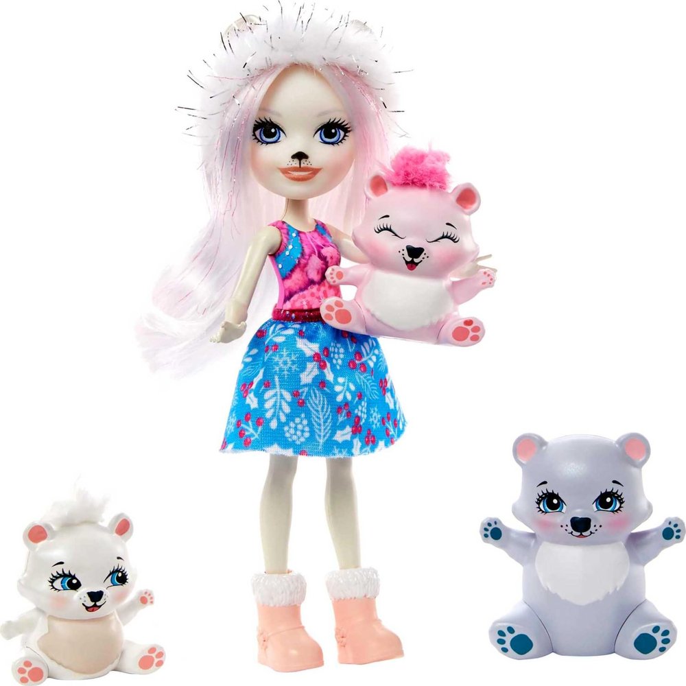 Mattel Enchantimals Family Set with Pristina Polar Bear Small Doll & 3 Animal Sibling Figures, Snowy Valley Toy Collection