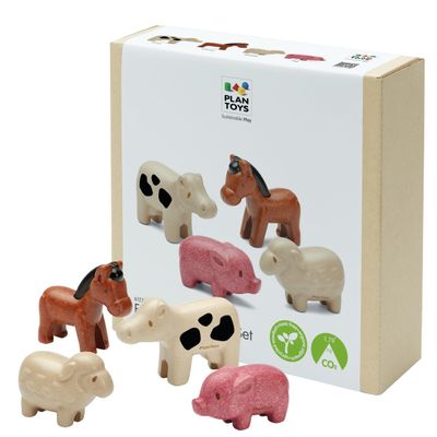PlanToys Farm Animal Figurines Set - Four Cute Sustainably-Made Wood Pig, Sheep, Cow, and Horse Figures to Stimulate Interactive and Creative Play