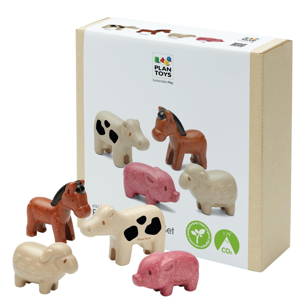 PlanToys Farm Animal Figurines Set - Four Cute Sustainably-Made Wood Pig, Sheep, Cow, and Horse Figures to Stimulate Interactive and Creative Play
