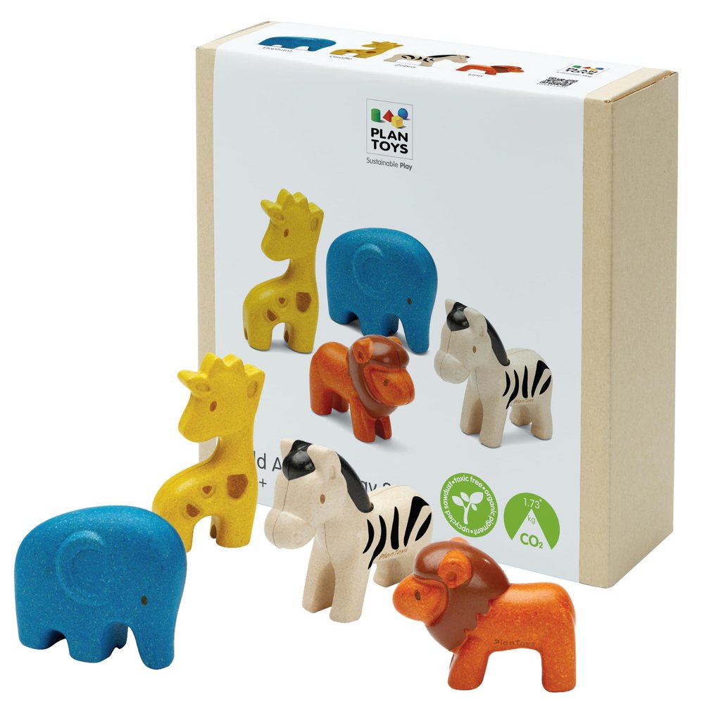 PlanToys Wild Animals Set Wooden Montessori Imaginative and Creative Play Toy | Language, Social Development and Coordination Activity | Eco Friendly Safari Animal Figurine Set