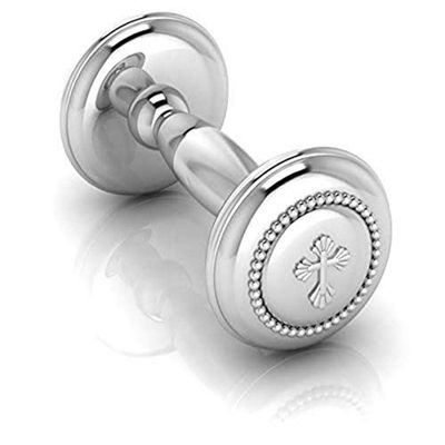 Krysaliis Sterling Silver Beaded Cross Dumbbell Rattle for Newborn Baby Boy and Baby Girl - Non-tarnishing, Durable, and Custom Engravable Gift