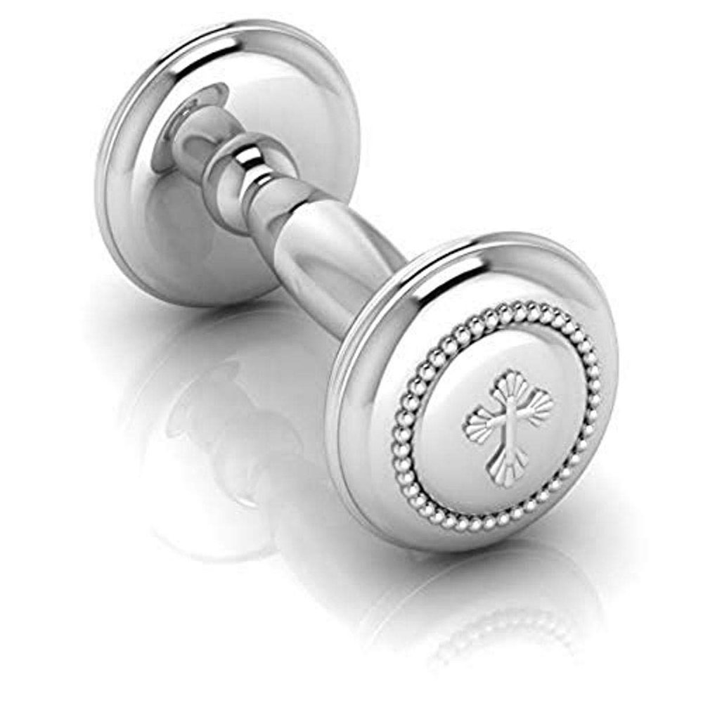 Krysaliis Sterling Silver Beaded Cross Dumbbell Rattle for Newborn Baby Boy and Baby Girl - Non-tarnishing, Durable, and Custom Engravable Gift