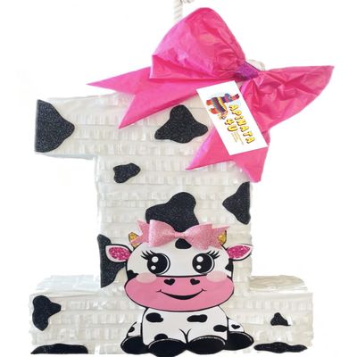 APINATA4U 20"Tall Number One Cow Piata for First Birthday Barnyard Theme Cow Party Supplies Decorations Farm Animals