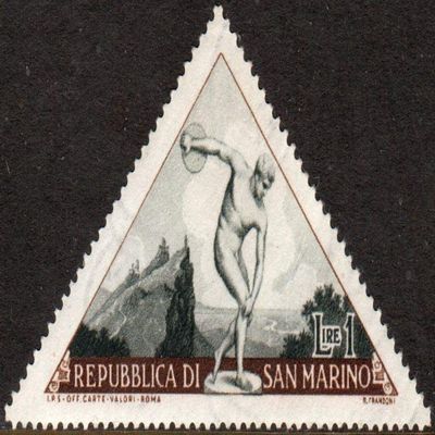Disk Throwing Sport 1 Lire San Marino Triangle Postage Stamp