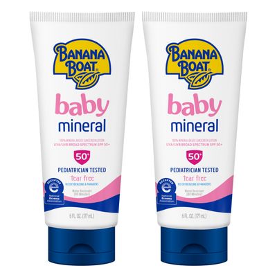 Banana Boat Mineral Baby Sunscreen Lotion SPF 50 Twin Pack | SPF 50 Sunscreen for Babies, Baby Sunblock Lotion, Oxybenzone Free, 6oz each