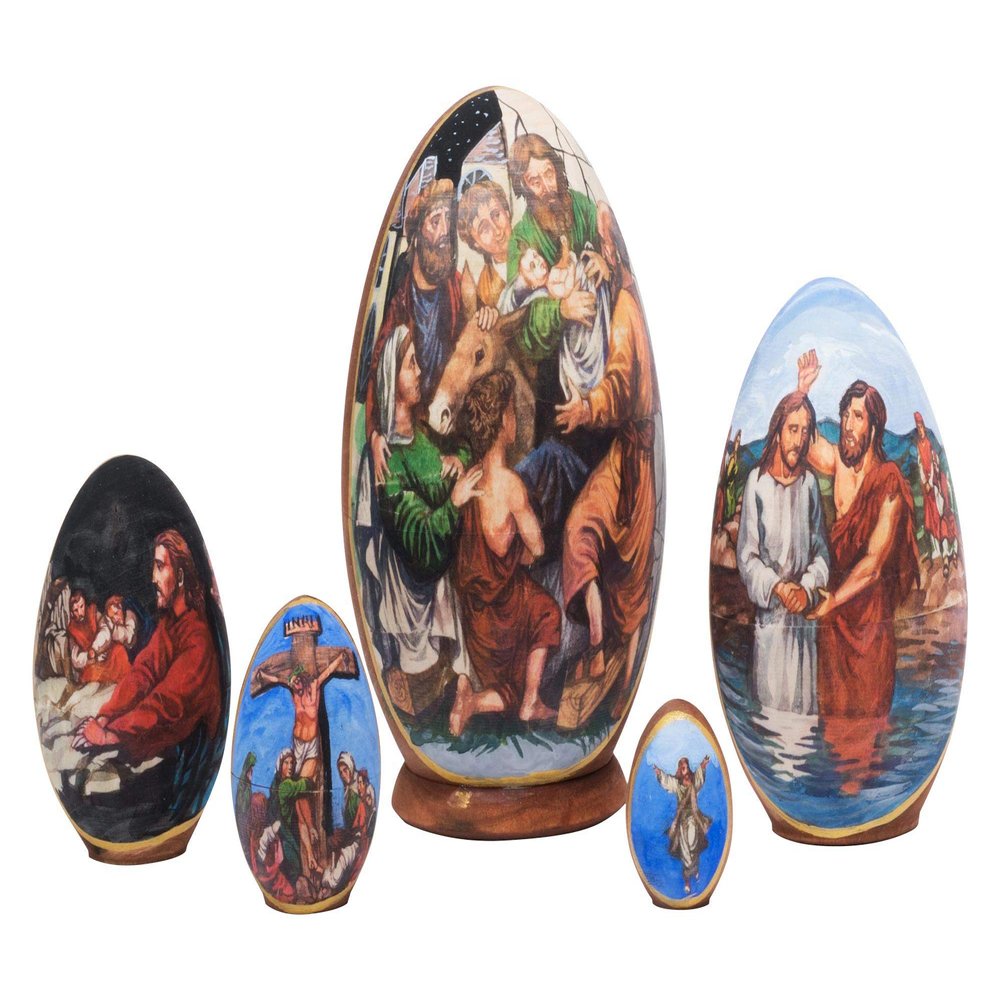 Golden Cockerel Life of Christ Nesting Egg 5"/5pc Stacking Doll Matryoshka Made in Russia Easter Sunday Babushka