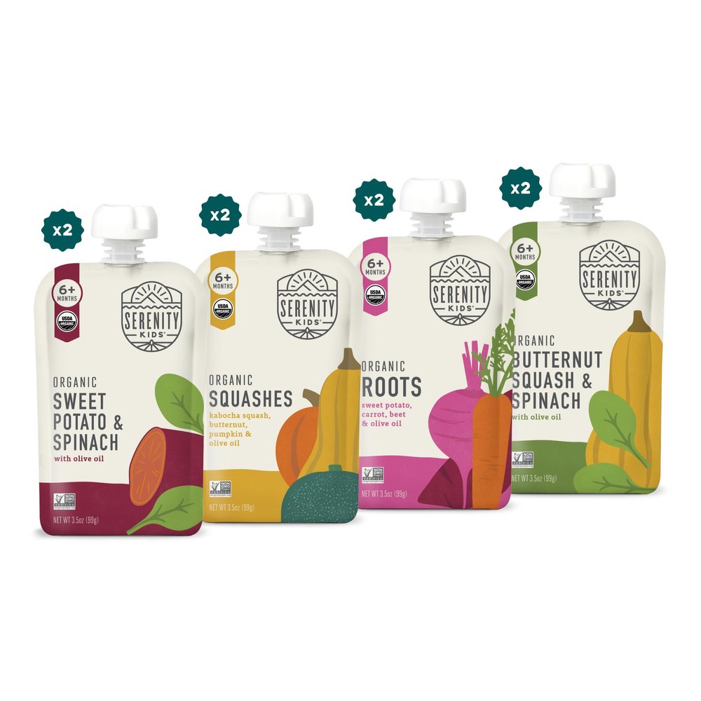 Serenity Kids 6+ Months Veggie Puree Baby Food Pouches - USDA Organic Baby Food - BPA-Free Allergen-Free Toddler Pouches - On-the-Go Toddler Meals - 3.5 Oz, 8 Pack