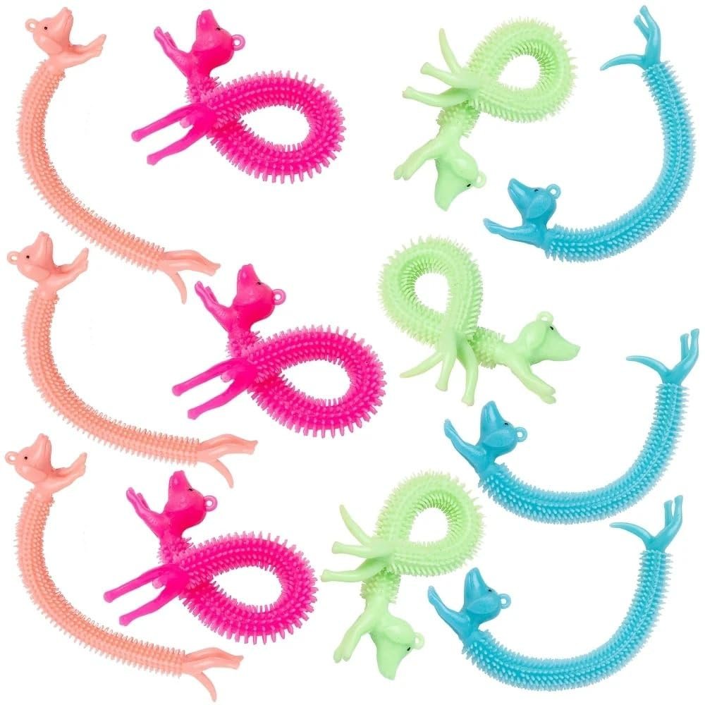 Fun Express Stretchy Rubber Dogs - 8 x 3/4 in Pink, Green, Blue & Peach - Toy Set for Kids - Ideal Party Favors & Prizes - 12 Pieces