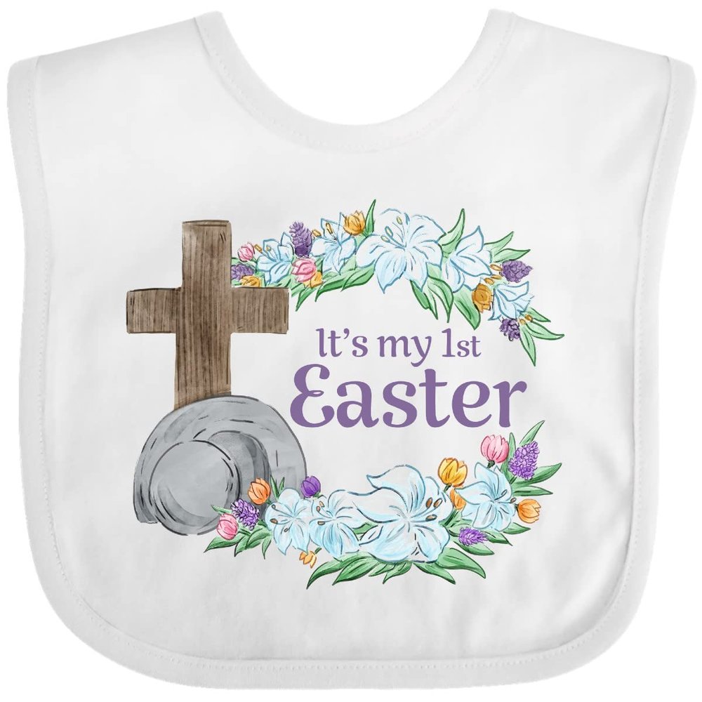 inktastic It's My 1st Easter with Cross and Flowers Baby Bib White 3a452