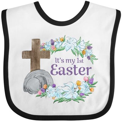 inktastic It's My 1st Easter with Cross and Flowers Baby Bib White and Black 3a452