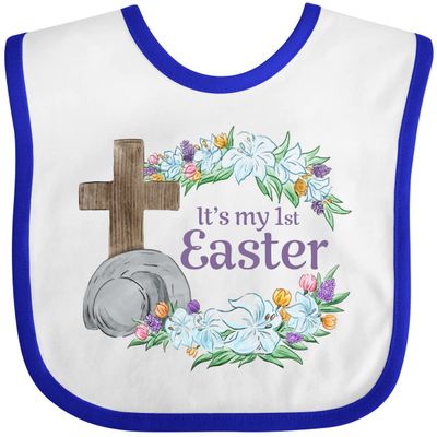 inktastic It's My 1st Easter with Cross and Flowers Baby Bib White and Royal 3a452