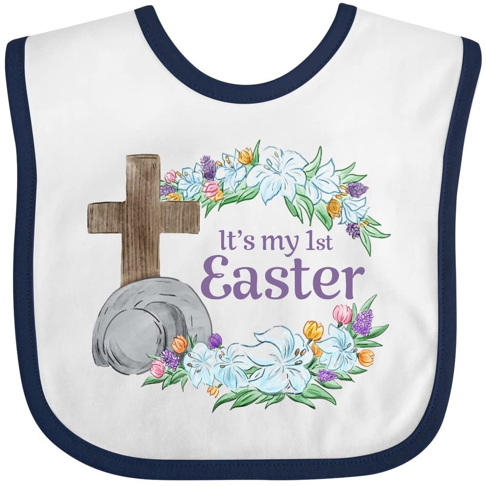inktastic It's My 1st Easter with Cross and Flowers Baby Bib White and Navy 3a452