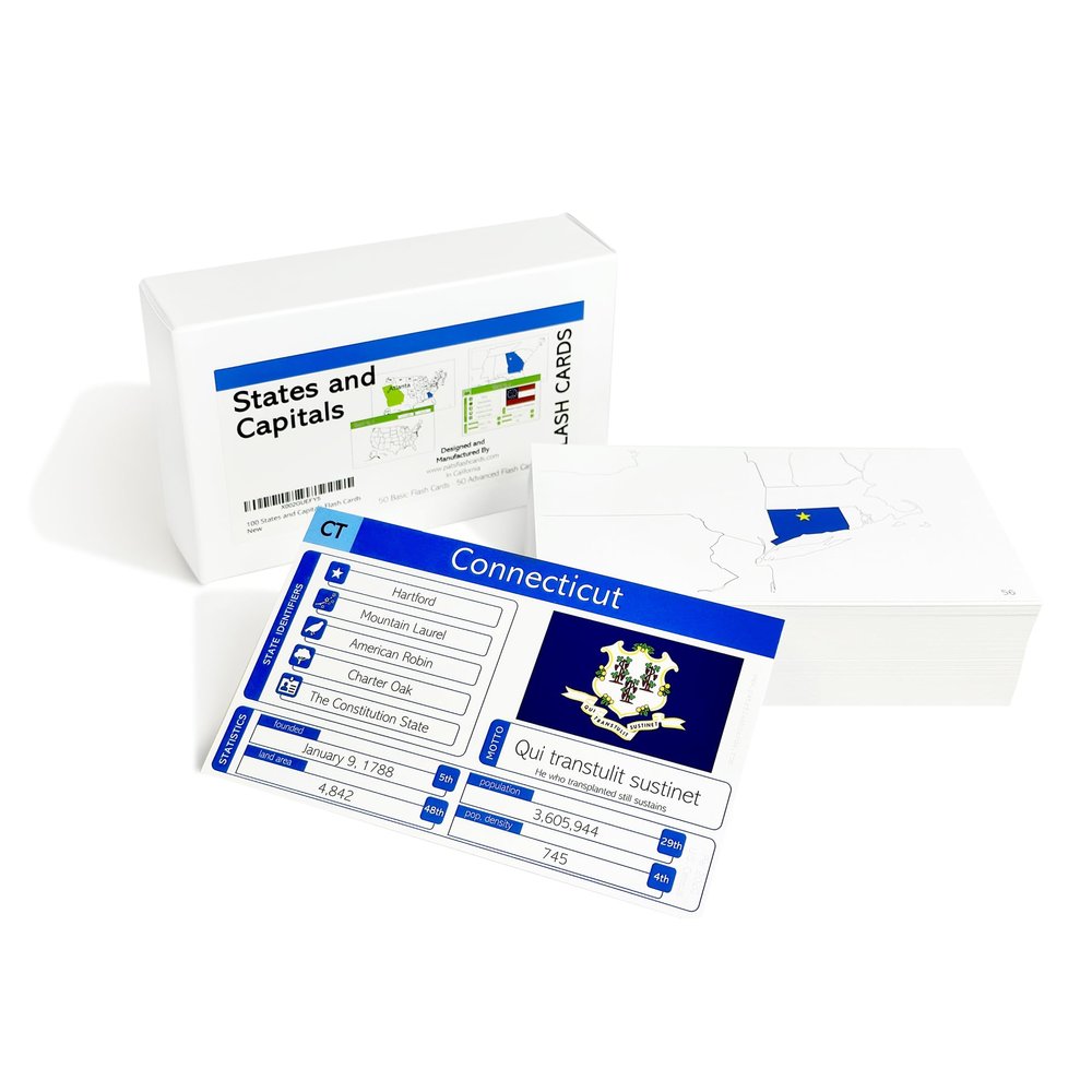 100 States and Capitals Flash Cards - Comes with 50 Beginner Cards and 50 Highly Detailed Advanced Cards