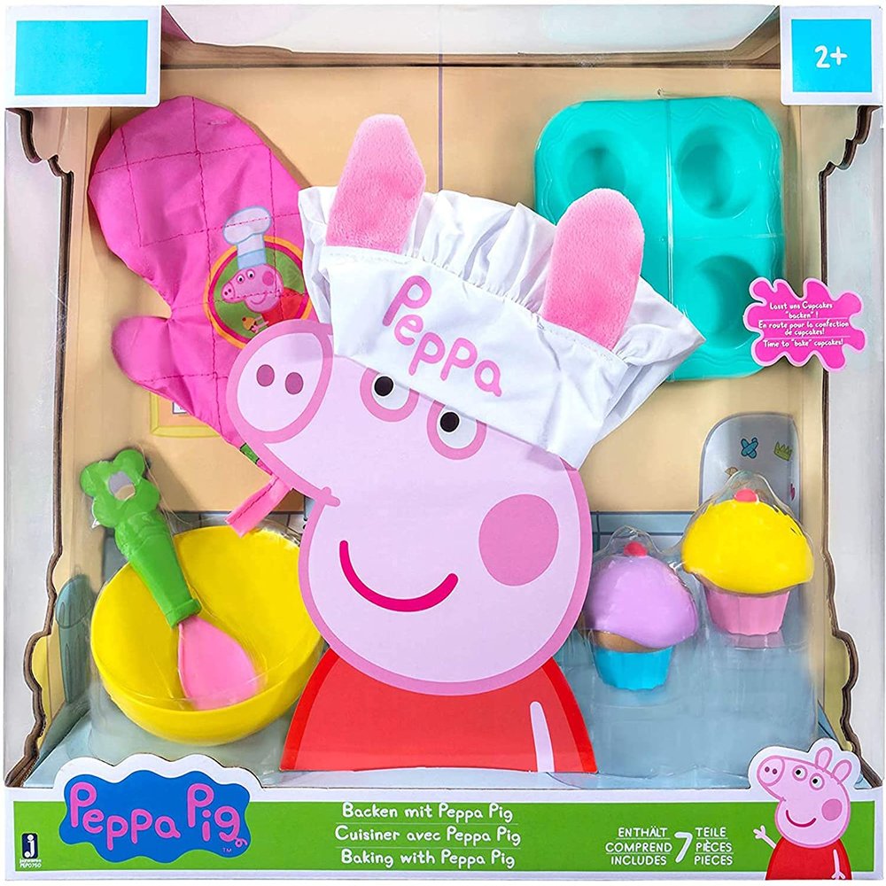 Peppa Pig Baking with Peppa Roleplay Set, 7 Pieces - Includes Chef's Hat, Oven Mitt, Cupcake/Muffin Tray, Cupcakes, Spoon & Bowl - Cook with Peppa! - Toy Gift for Kids - Ages 2+