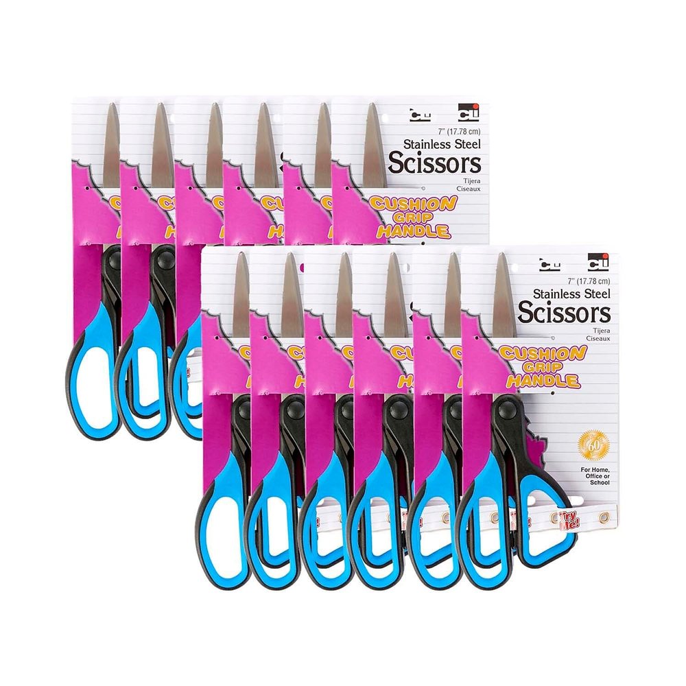 Cli Charles Leonard Cushion Grip 7" Straight Stainless Steel Scissors, Pointed Tip, Blue And Black Handle, Pack Of 12 (Chl80700-12)