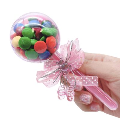 24 Pieces Fillable Baby Rattle Party Favors, Pink with Decorative Bear & Ribbon