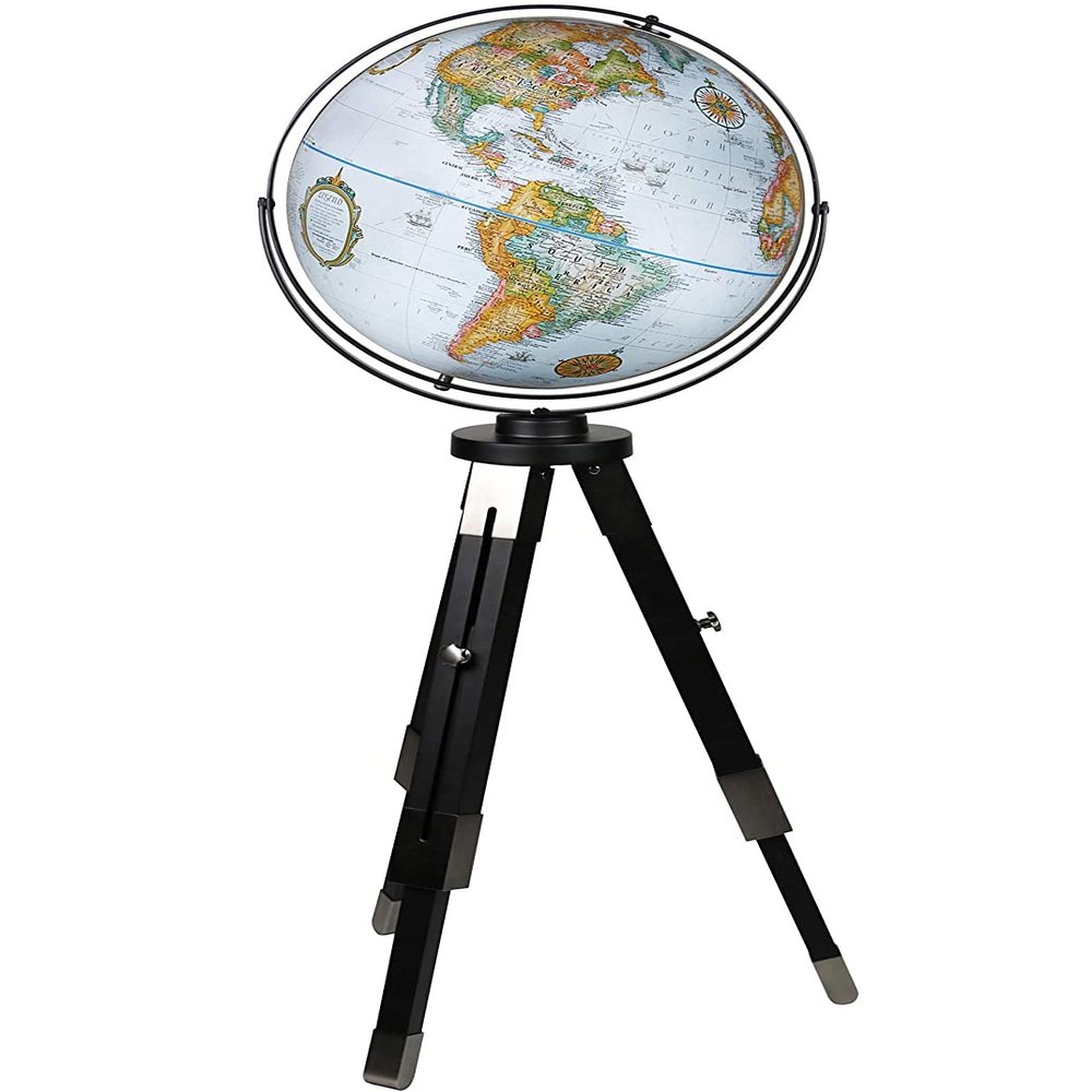 Willston 16" Diameter Globe, USA Cartography with Raised Mountain Relief and Sturdy Metal Stand. Unique and modern! The Willston features a blue ocean map. The raised relief embossing provides 3D like texture that both educates and captivates. This l