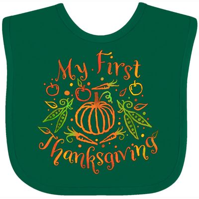 inktastic My 1st Thanksgiving Pumpkin Vegetables in Orange and Green Baby Bib Green 37bda