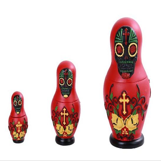 Ebros 3 Piece Set Day of The Dead Sugar Skulls Spirit Skeletons Nesting Dolls Matroyshka Babushka Figurines 6" Tall Ossuary Macabre Halloween Accent (Red)