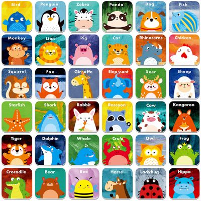 Hebayy 36 Pair Animals Matching Game Cartoon Flash Cards Erasable(72 PCs, Each Measures 2 X 2)
