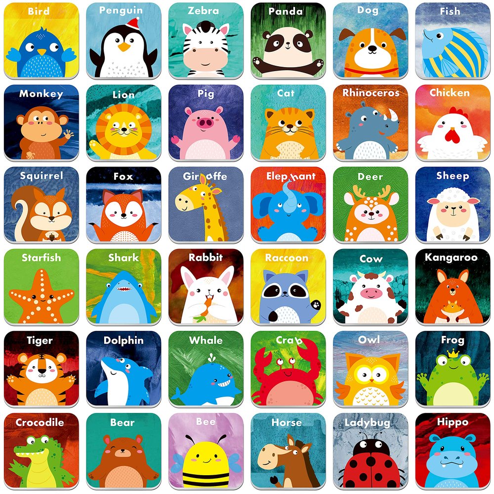 Hebayy 36 Pair Animals Matching Game Cartoon Flash Cards Erasable(72 PCs, Each Measures 2 X 2)