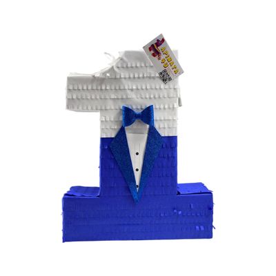 APINATA4U Number One Pinata, Suit and Bow Tie Themed First Birthday Pinata for Boys, Number 1 for Decoration, Handmade Blue and White, Baby Boy 1st Birthday Celebration & Gift